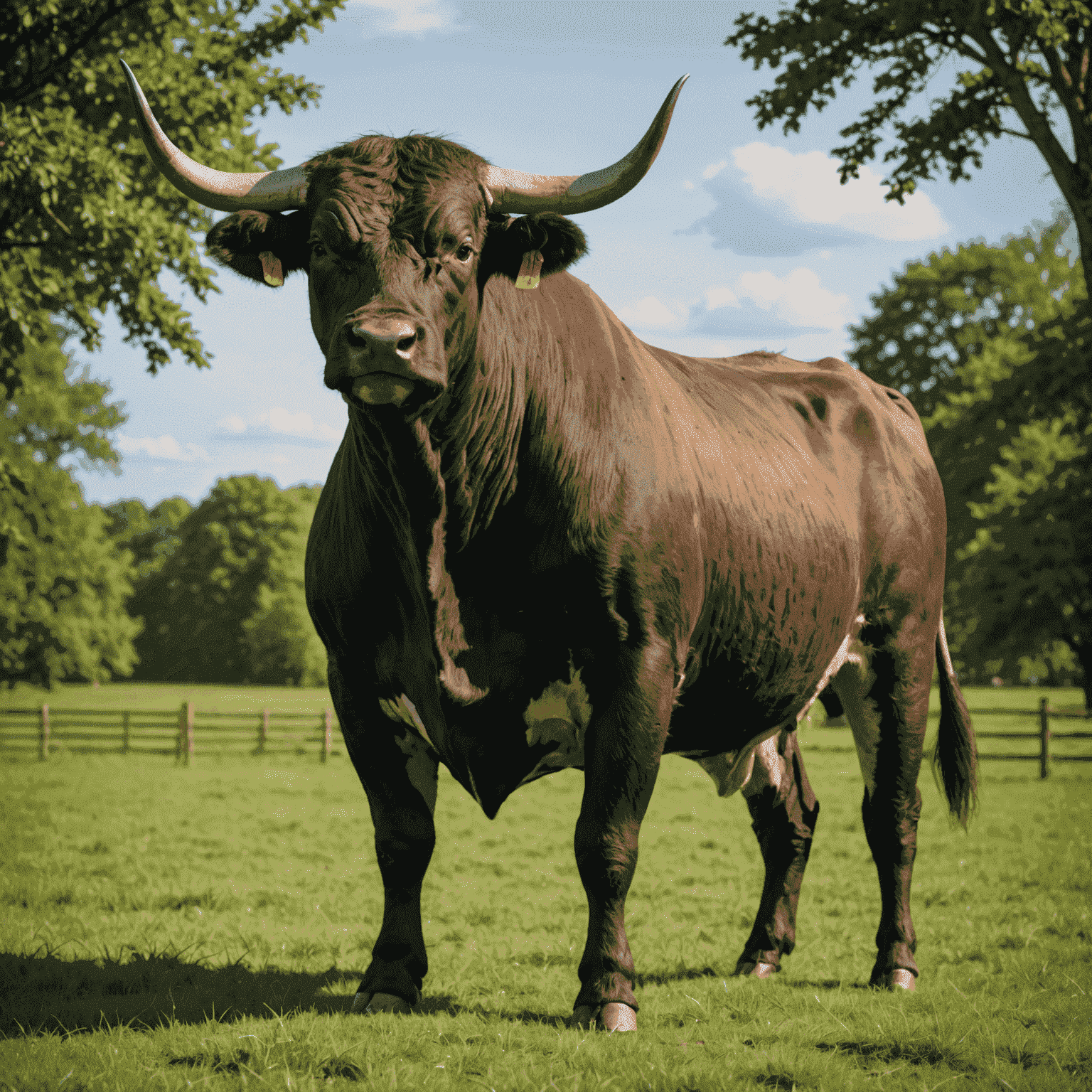 A majestic farm bull standing in a lush green pasture, showcasing its muscular build and proud stance. The bull has a sleek coat and impressive horns, embodying the quality of BullSader's breeding program.