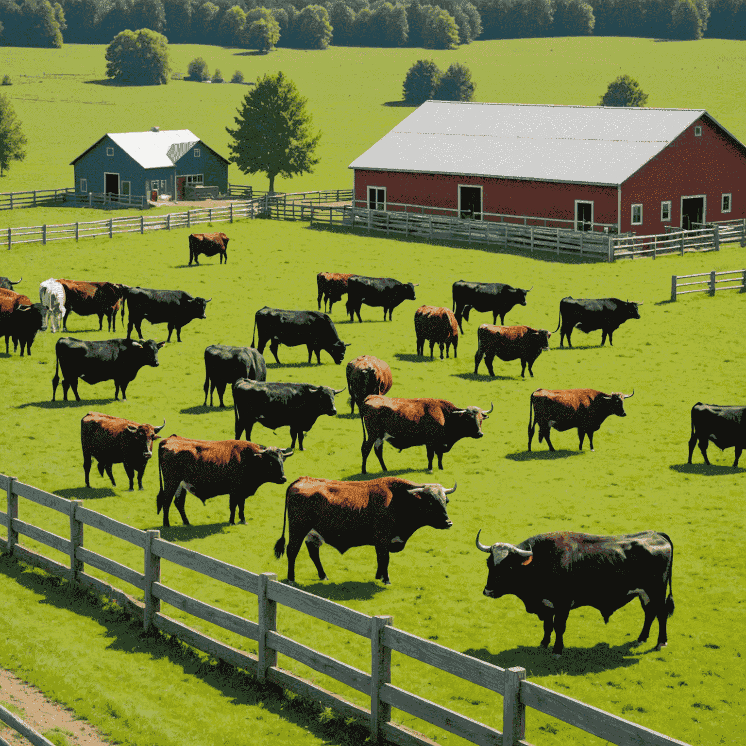 A modern farm setting with a group of healthy bulls in a well-maintained pasture. Advanced breeding equipment and technology visible in the background.