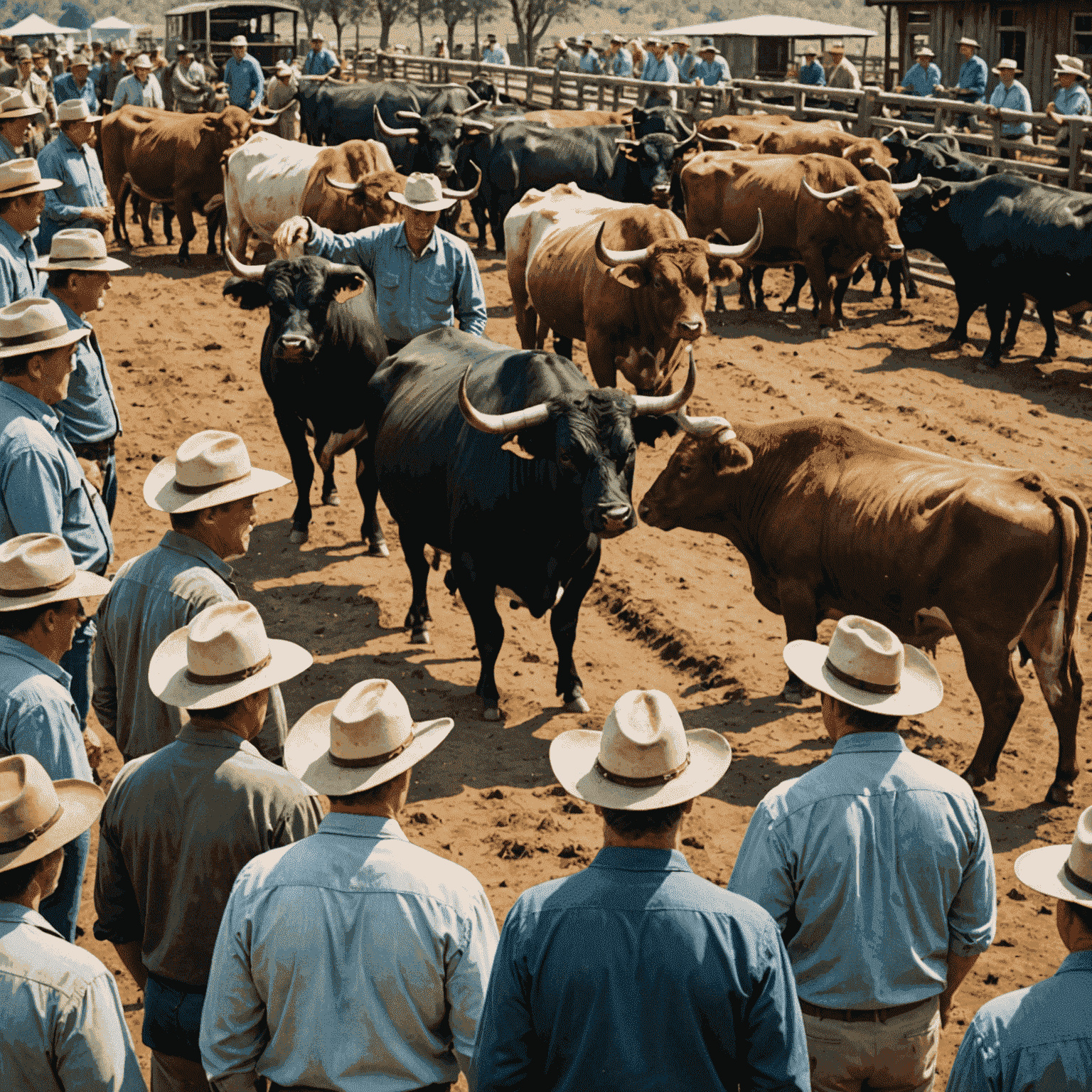 A chart showing increasing trend in bull sales with farmers examining high-quality bulls in the background