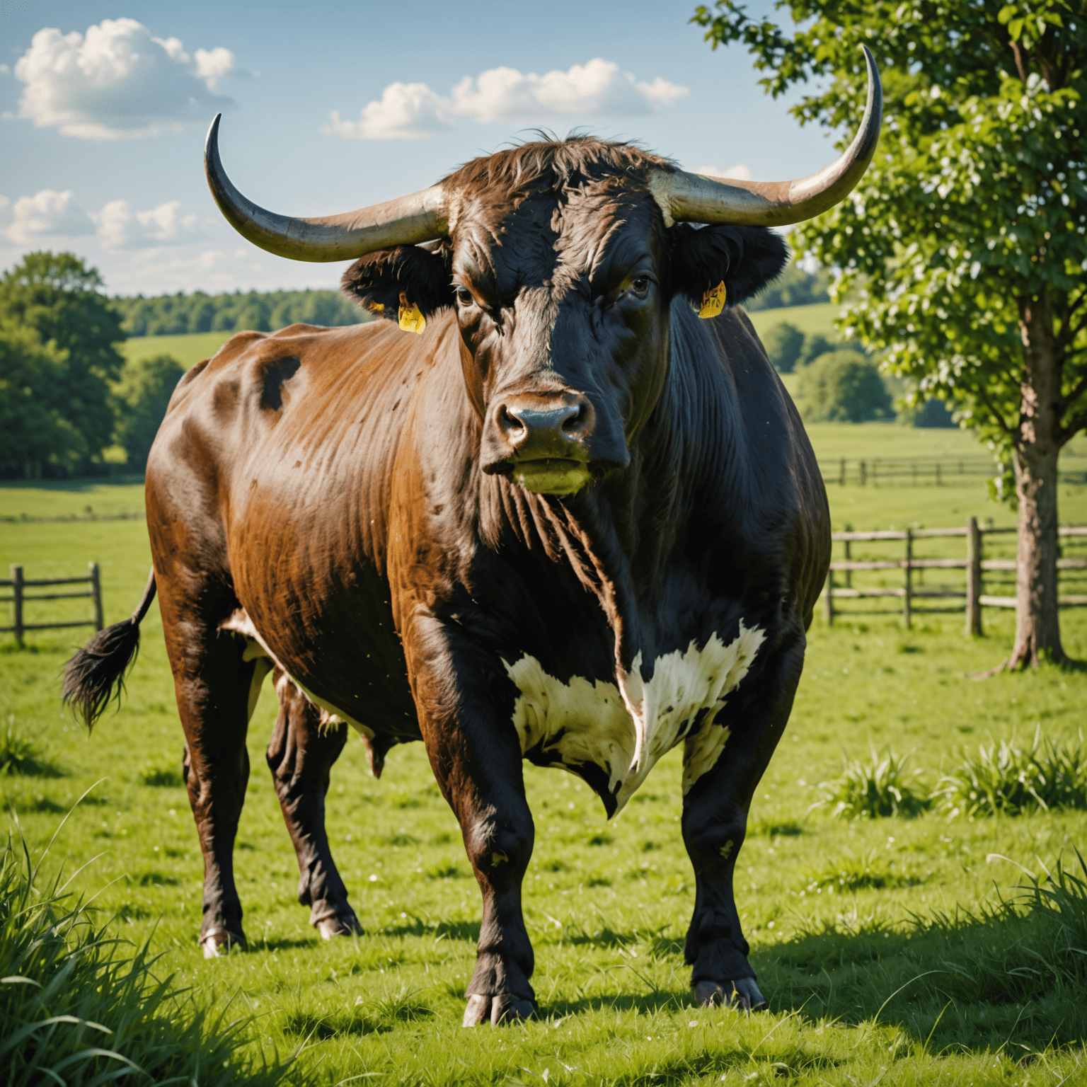 A healthy bull standing in a lush green pasture, showcasing its muscular build and shiny coat