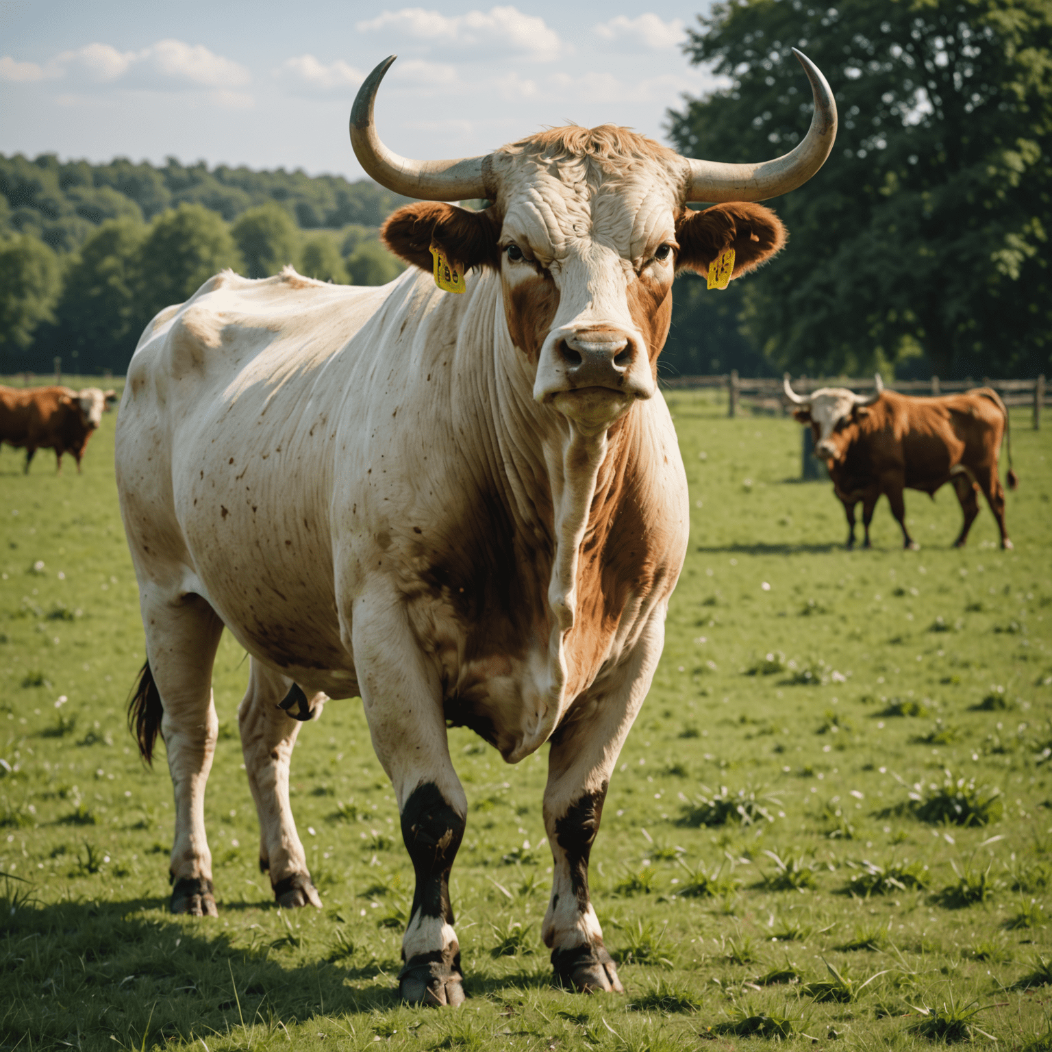 A bull standing in a field, showcasing its strong build and genetics. Artificial insemination equipment visible in the foreground.