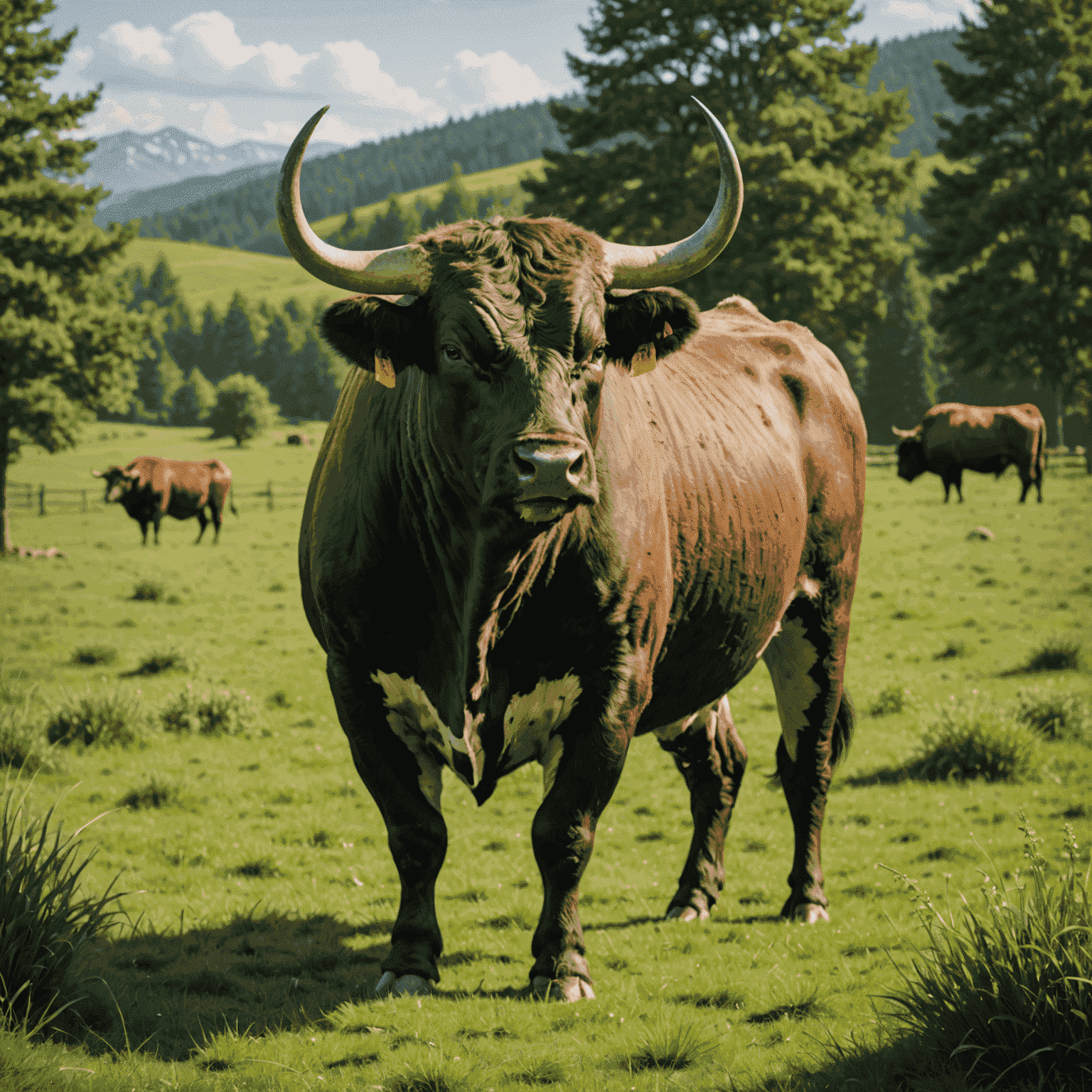 A majestic bull standing in a lush green pasture, showcasing its powerful build and superior genetics