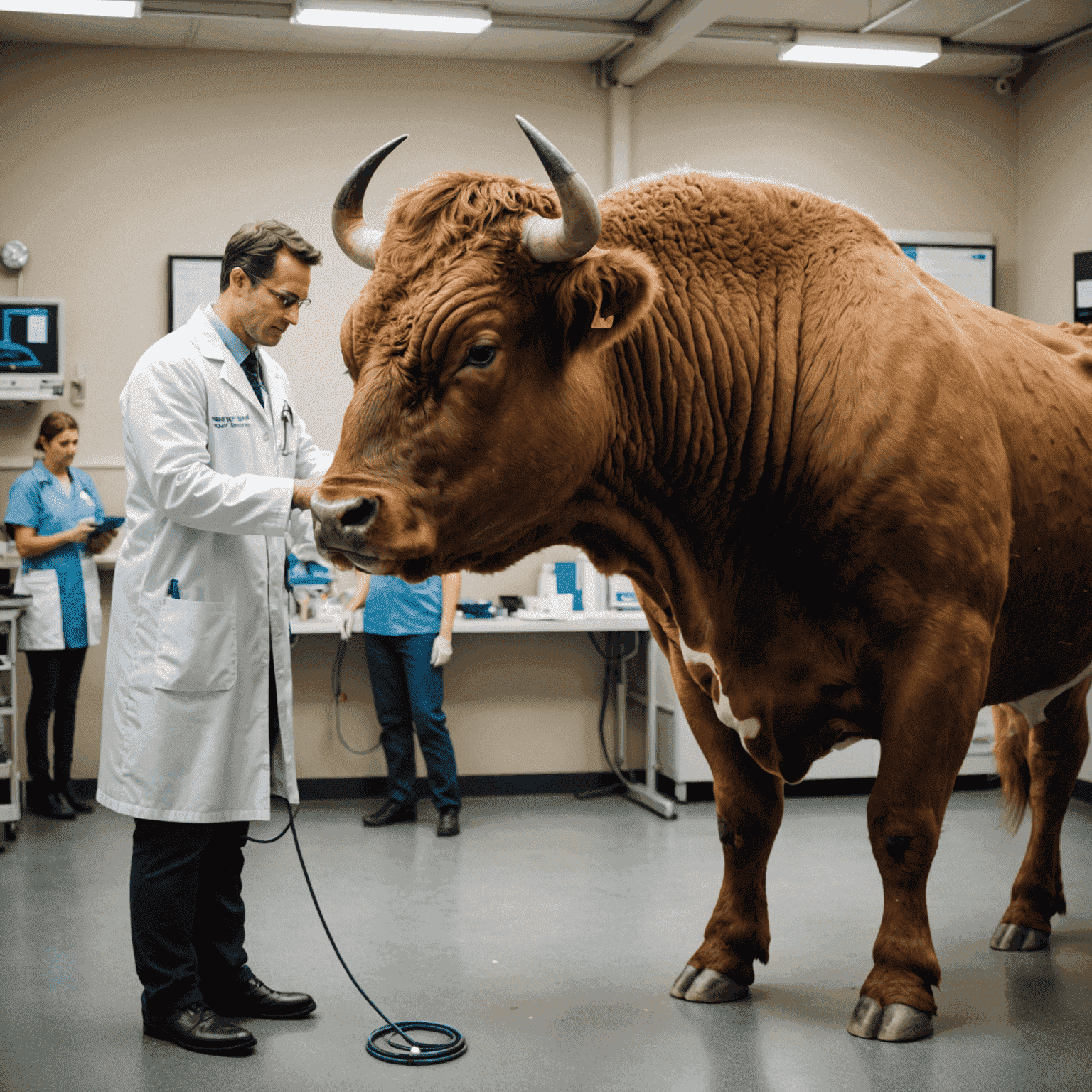 A veterinarian performing a health check-up on a large, muscular bull. The vet is wearing a white coat and using a stethoscope to listen to the bull's heart.