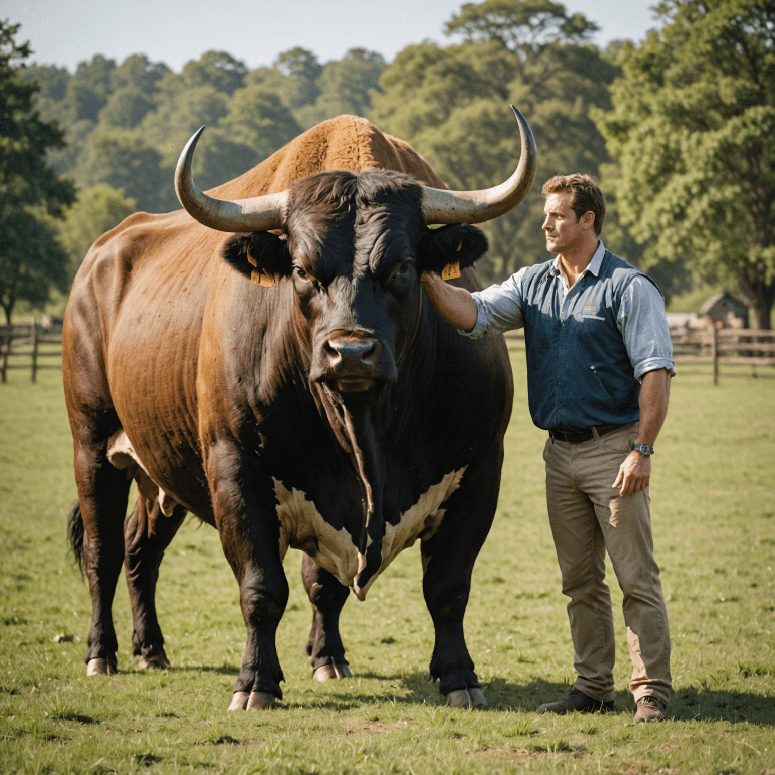 A professional trainer working with a large, muscular bull in an open field. The trainer is demonstrating calm and confident body language while the bull appears attentive and responsive.