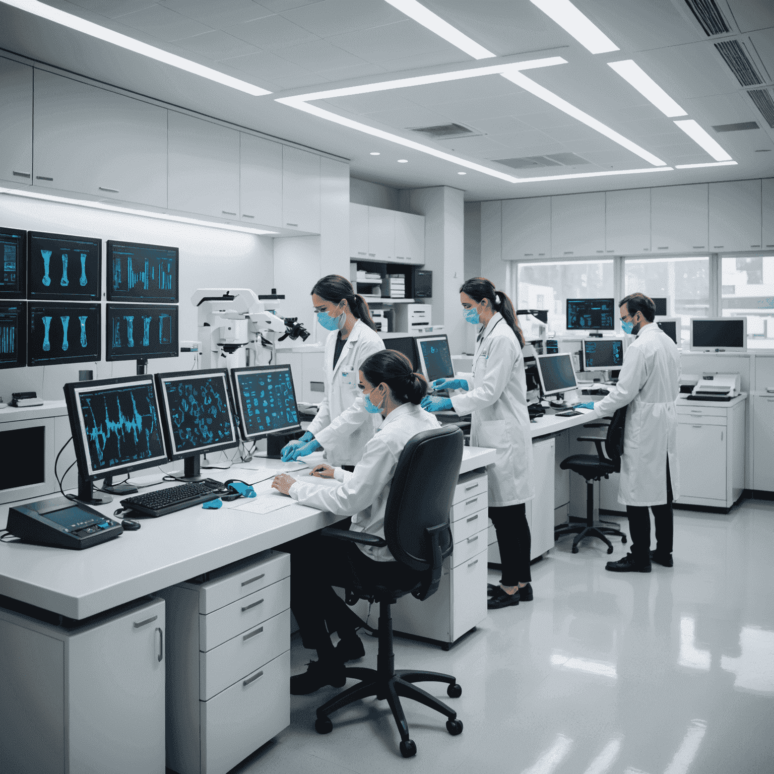 A modern genetic testing laboratory with advanced equipment, scientists working on DNA samples from bulls