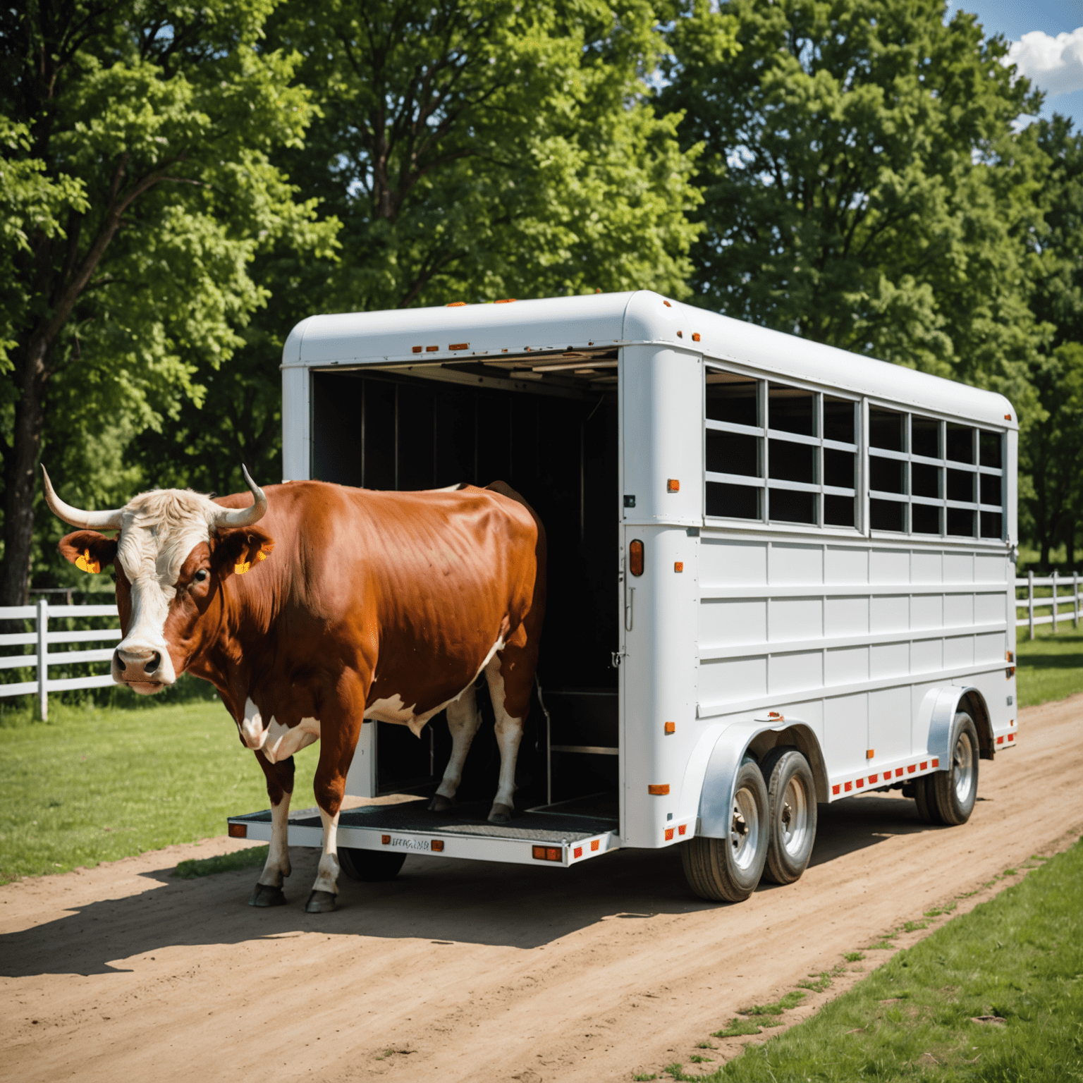 A large, comfortable trailer specifically designed for transporting bulls. The trailer is clean, well-ventilated, and equipped with safety features to ensure the bull's comfort during transit.