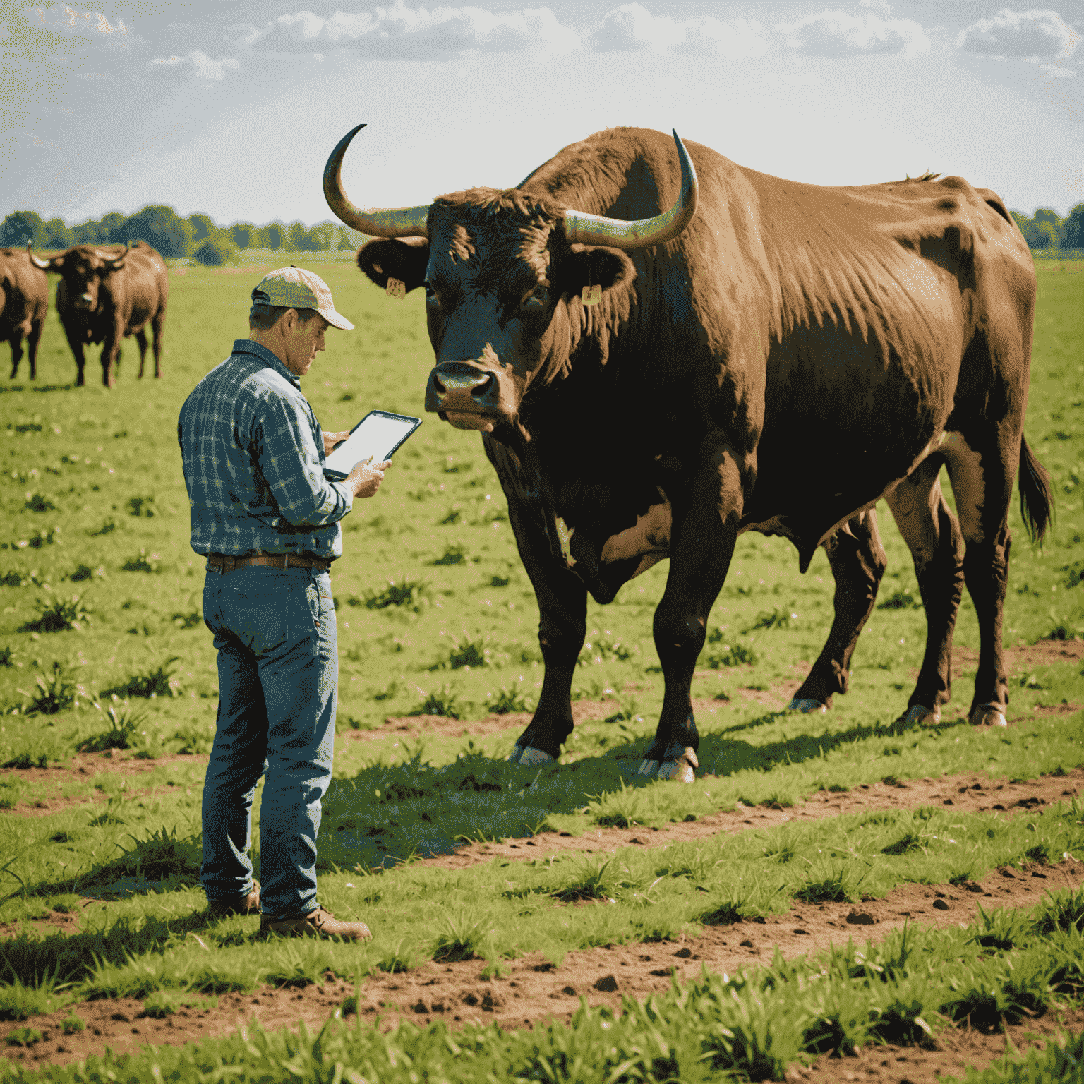 A bull standing in a field with advanced breeding equipment visible. Farmers are seen consulting charts and using technology to monitor the bull's health and genetics.