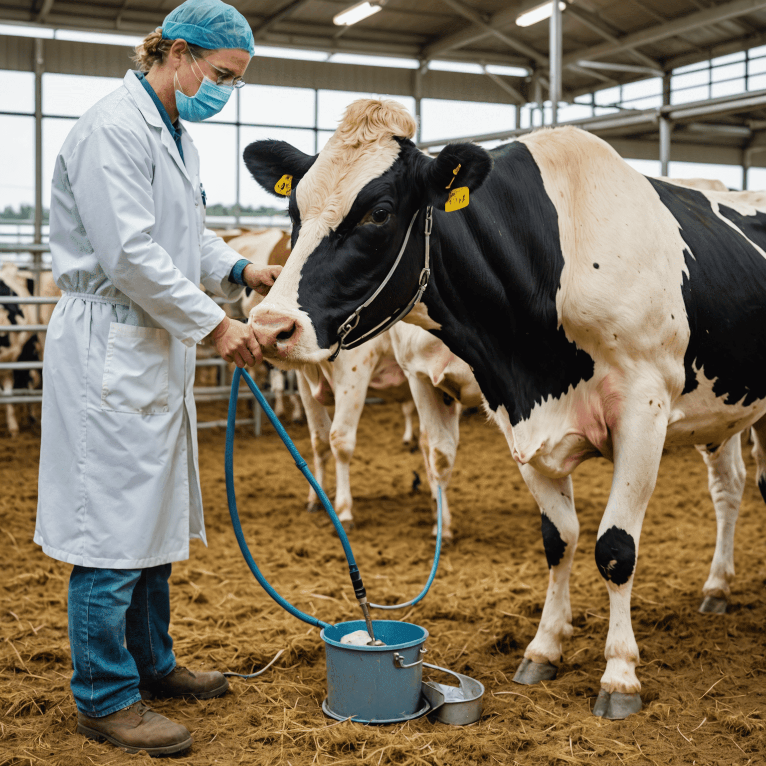 A veterinarian performing artificial insemination on a cow, using advanced equipment in a clean, modern farm setting.