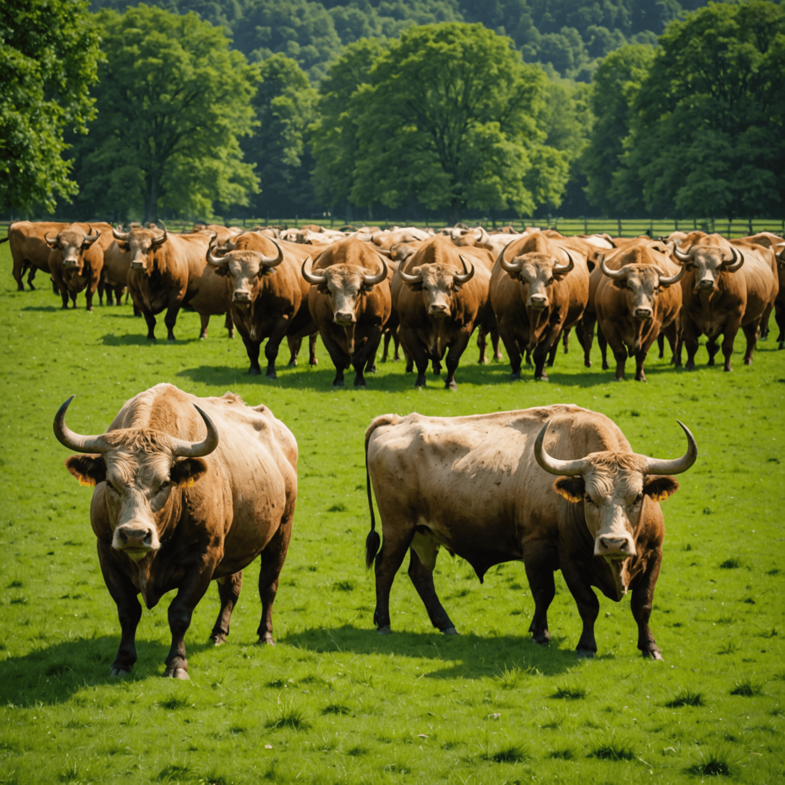 A group of muscular BullX bulls grazing in a lush green pasture, showcasing their impressive physique