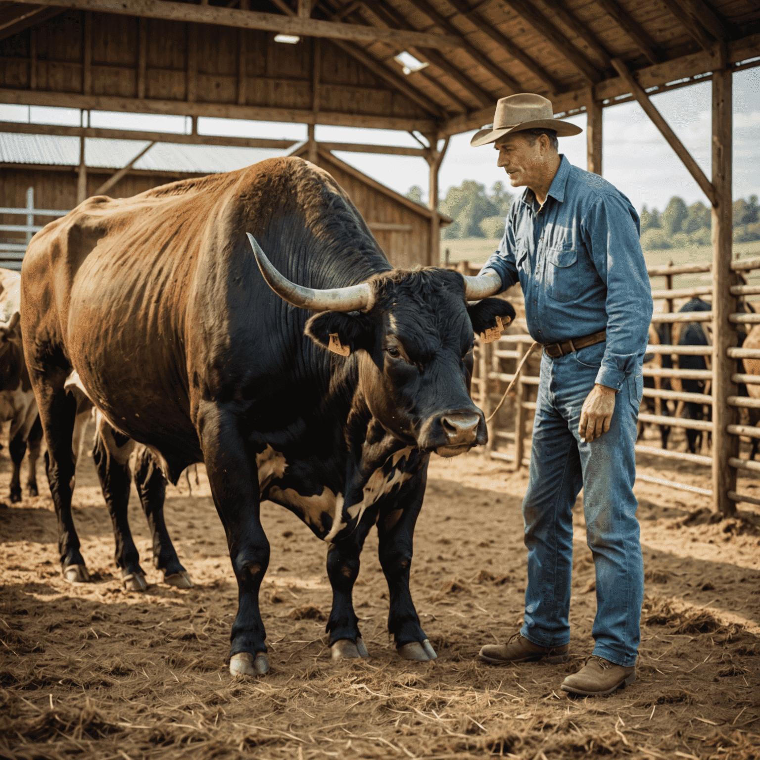 A farmer examining a bull, showcasing proper handling techniques and health check procedures