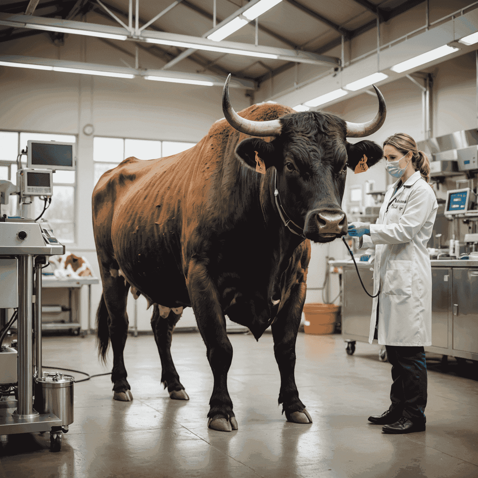 A veterinarian examining a bull, with medical equipment and a clean, modern facility in the background.