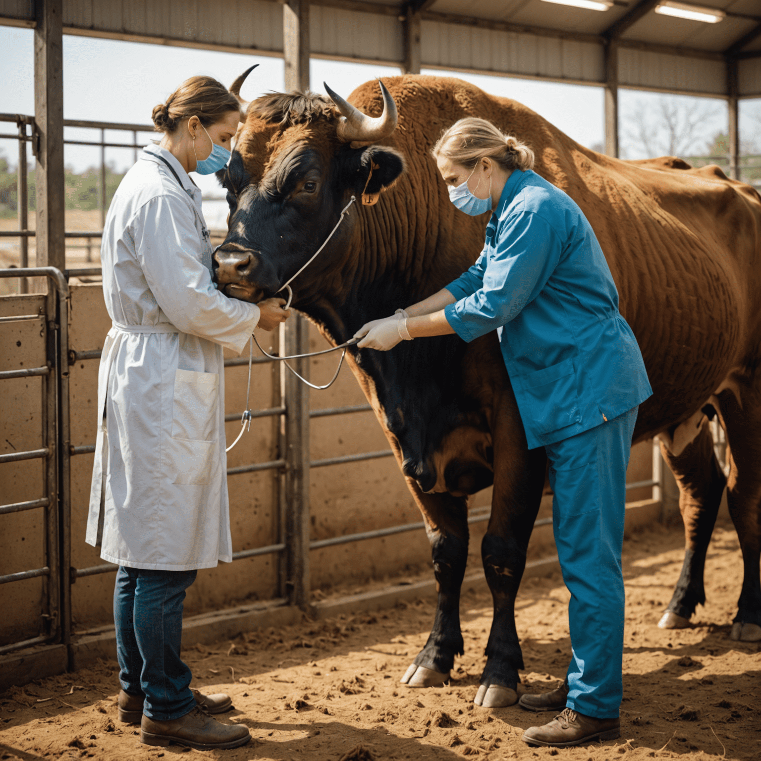 A veterinarian administering a vaccine to a large bull. The bull is standing calmly in a chute while the vet carefully injects the vaccine into its neck.