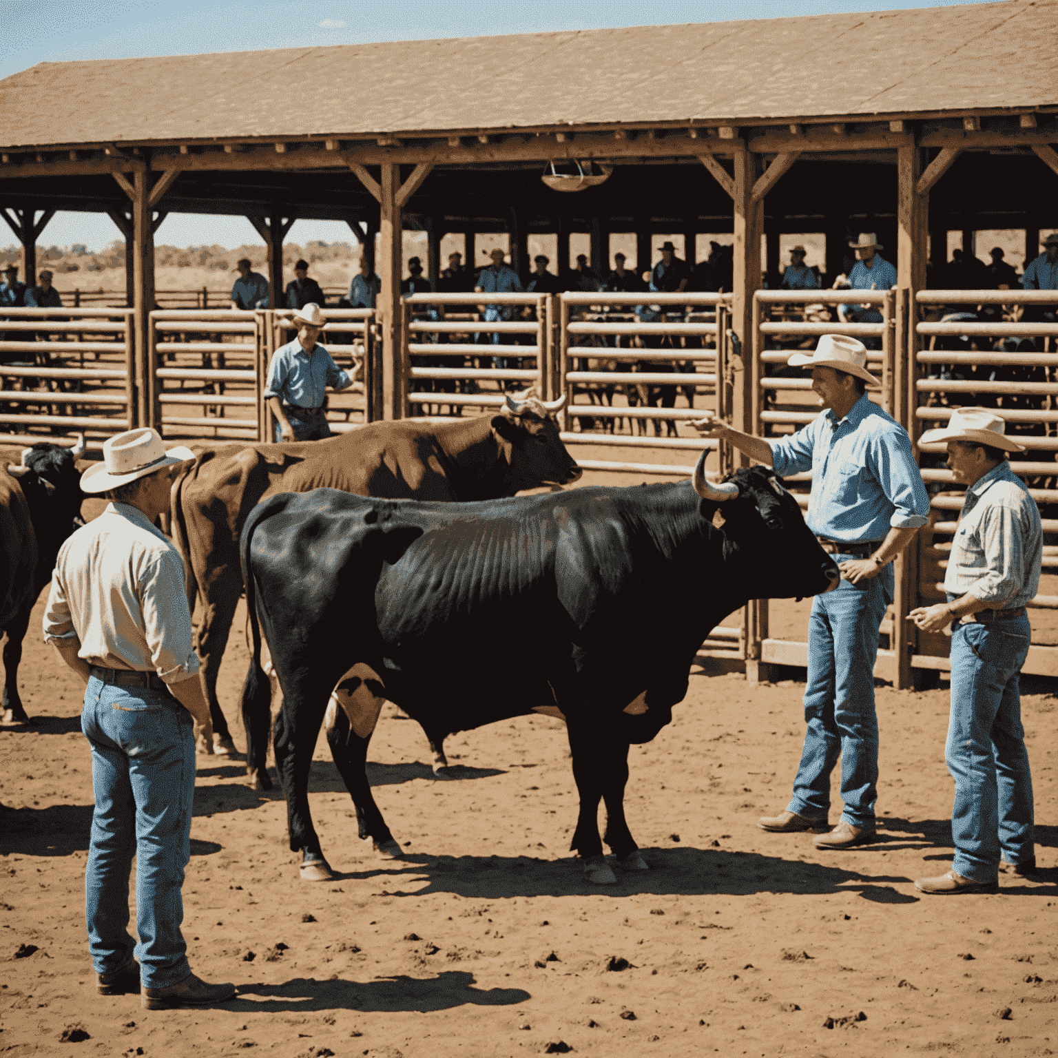 A trainer demonstrating various behavioral cues to a group of attentive bulls in a spacious, well-maintained corral. The bulls are shown responding positively to the trainer's signals.