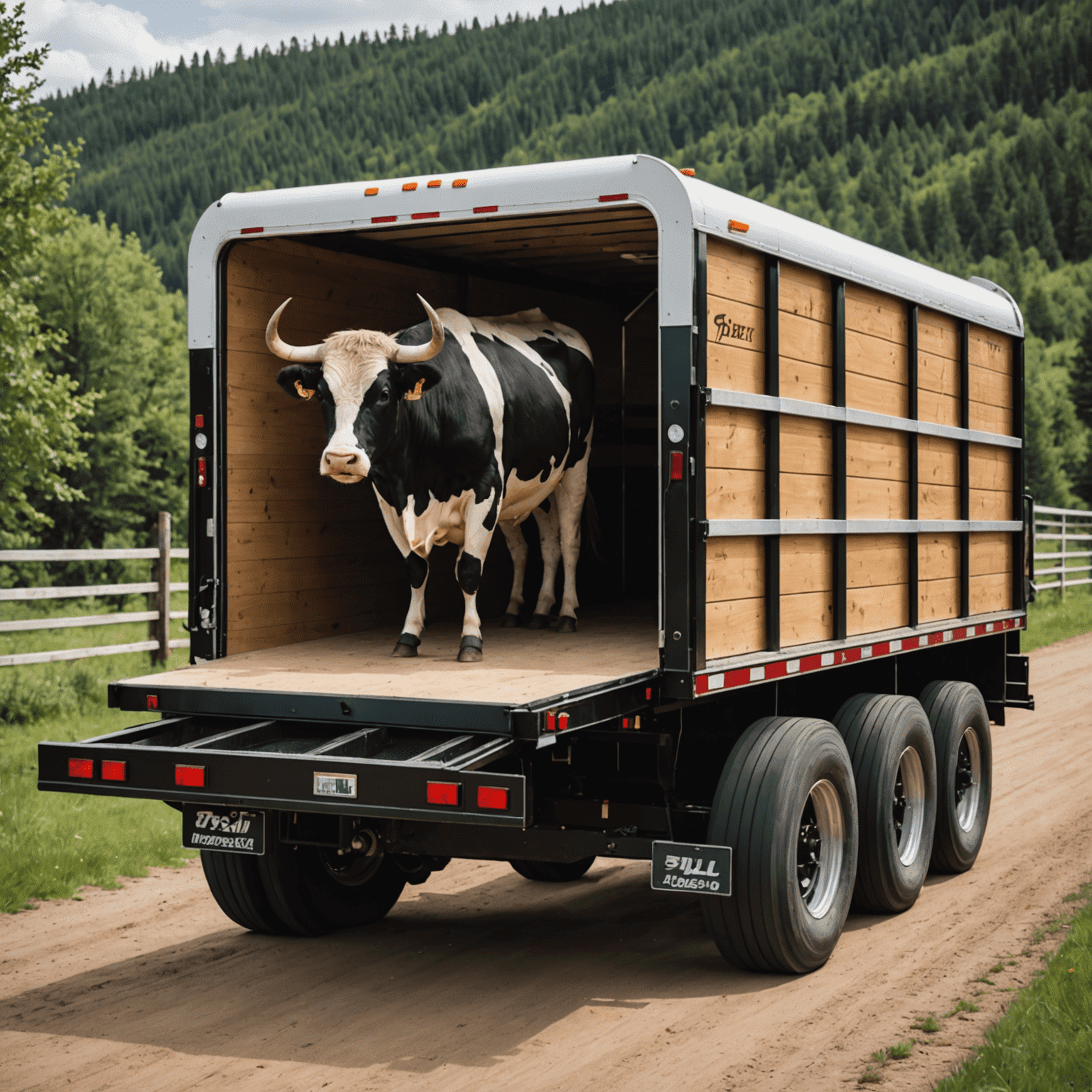 A smaller, specialized trailer suitable for local bull transportation. The trailer is hitched to a sturdy pickup truck, ready for short-distance moves.