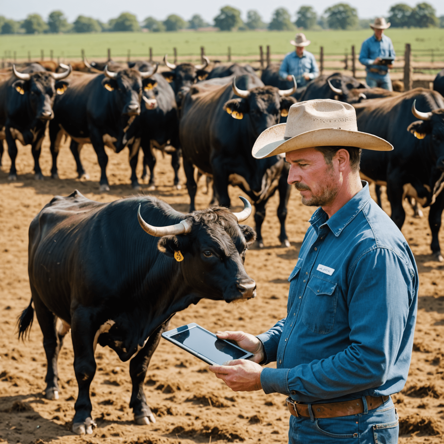 A farmer using a tablet to monitor bull health data in real-time, with bulls wearing advanced health tracking devices in the background.