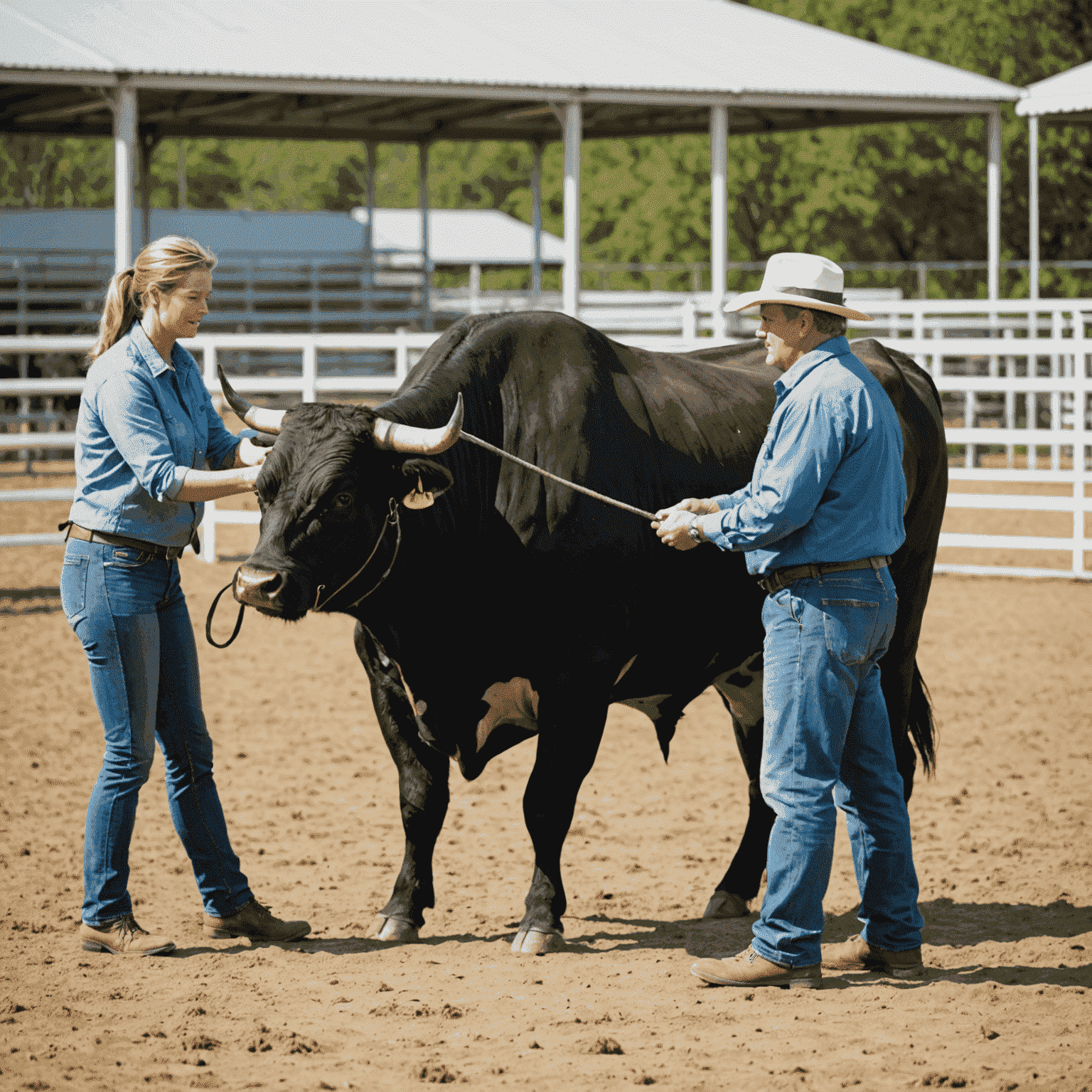 A trainer working with a bull in a training ring, demonstrating handling techniques and behavioral management.