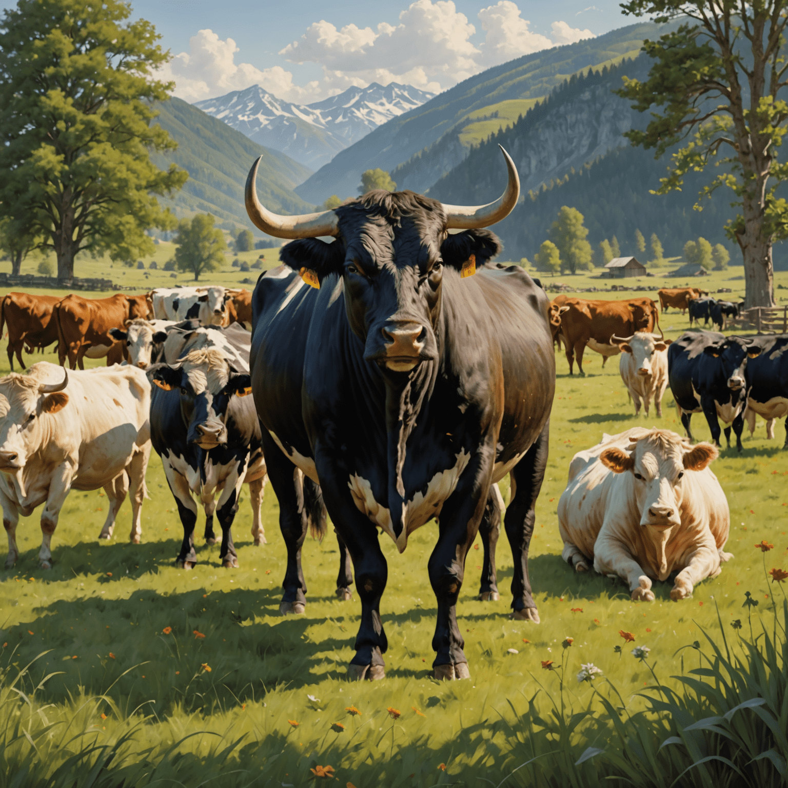 A powerful bull standing with a herd of cows in a picturesque pasture, representing natural breeding practices