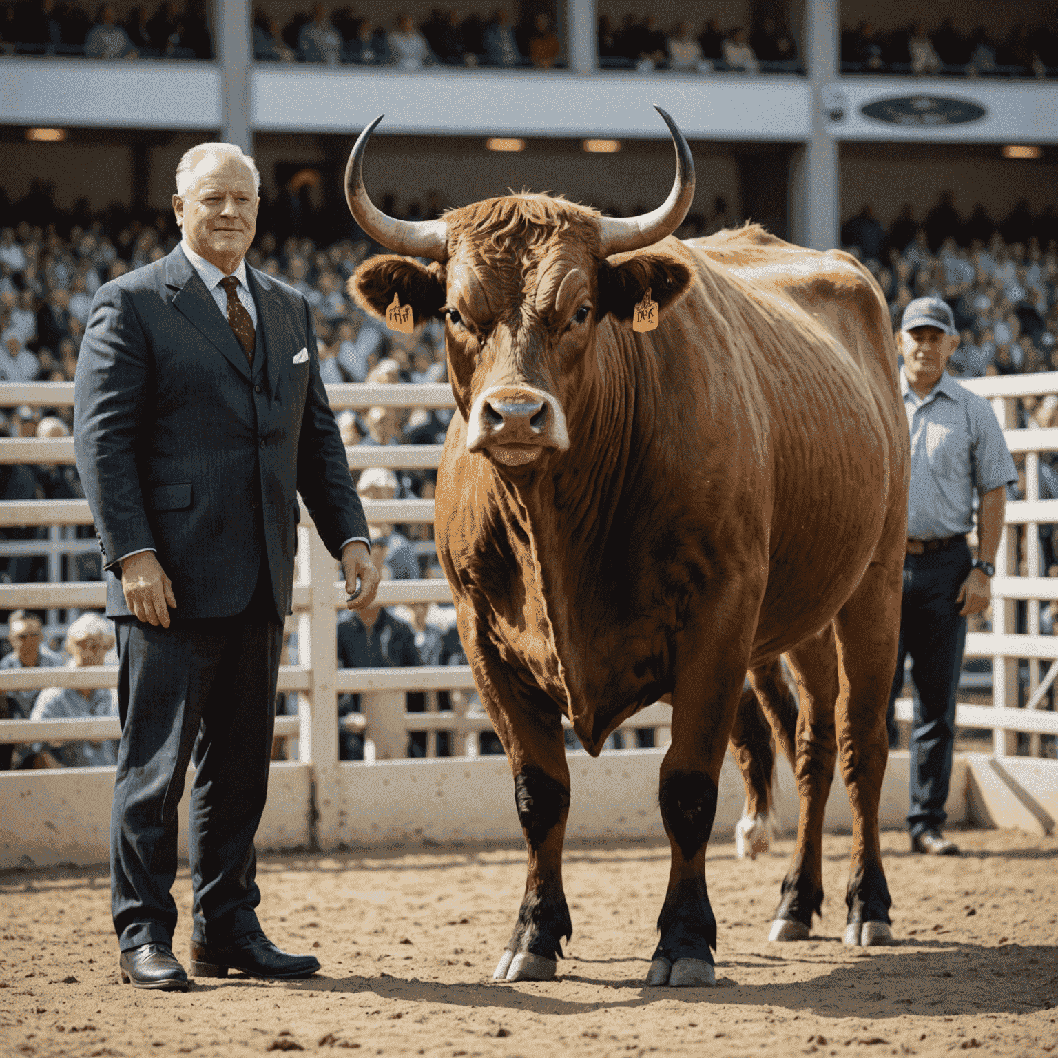 A well-groomed bull being presented in a show ring by a handler. The bull stands proudly, showcasing its muscular build and shiny coat. Judges and spectators can be seen in the background.