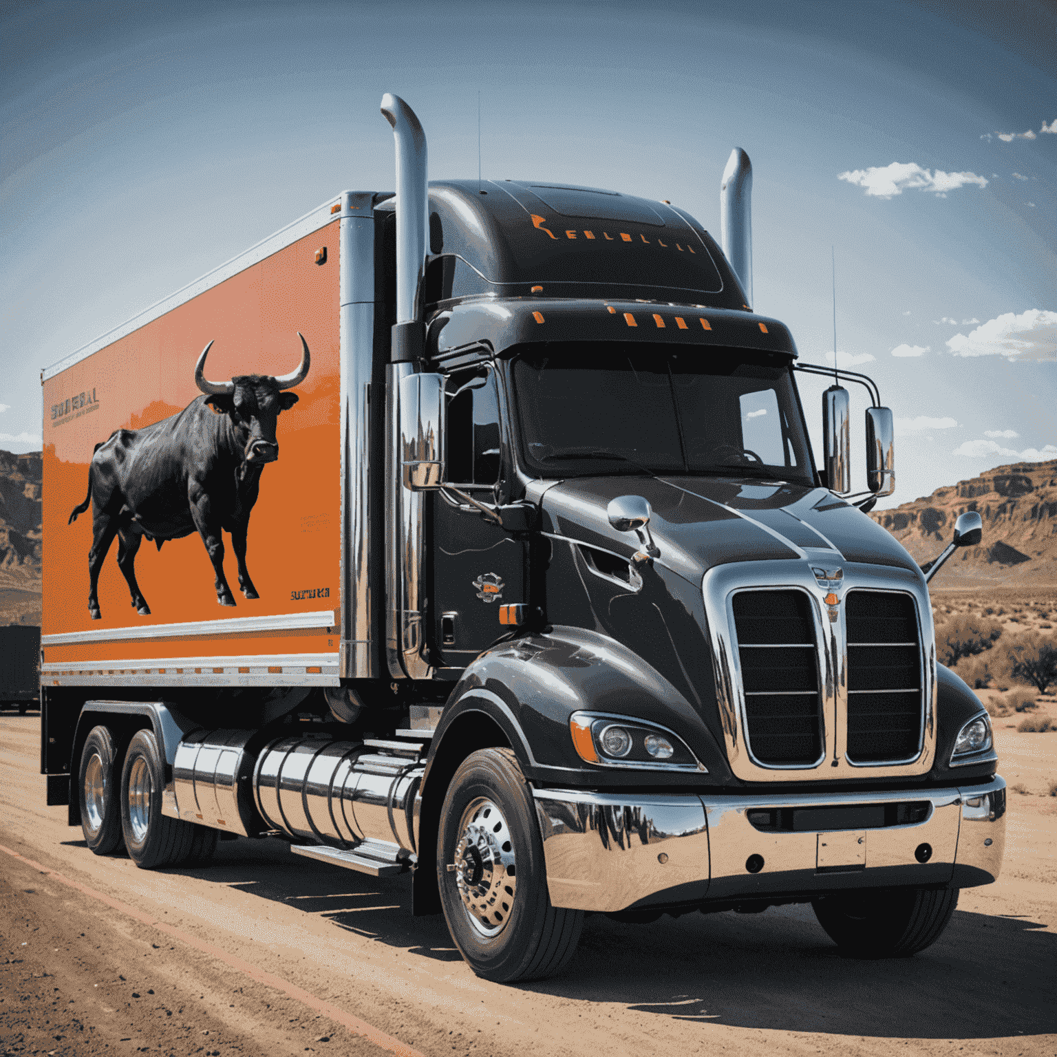 A large, state-of-the-art bull transportation truck equipped for long-distance travel. The truck features climate control and monitoring systems to ensure the bull's comfort during extended journeys.