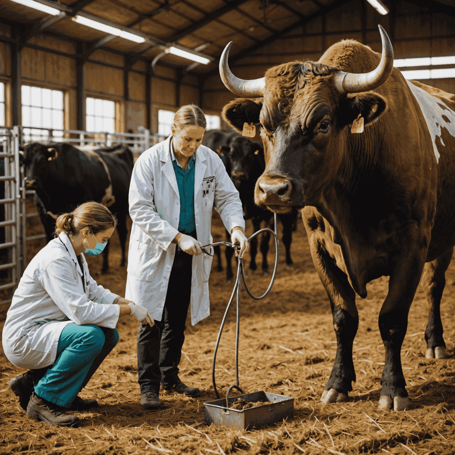 A healthy bull being examined by a veterinarian. Various farm tools and medical equipment for bull care are visible in the background.