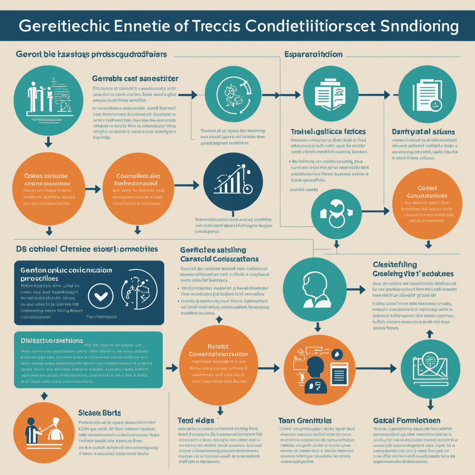 Infographic showing the step-by-step process of genetic testing from sample collection to final consultation