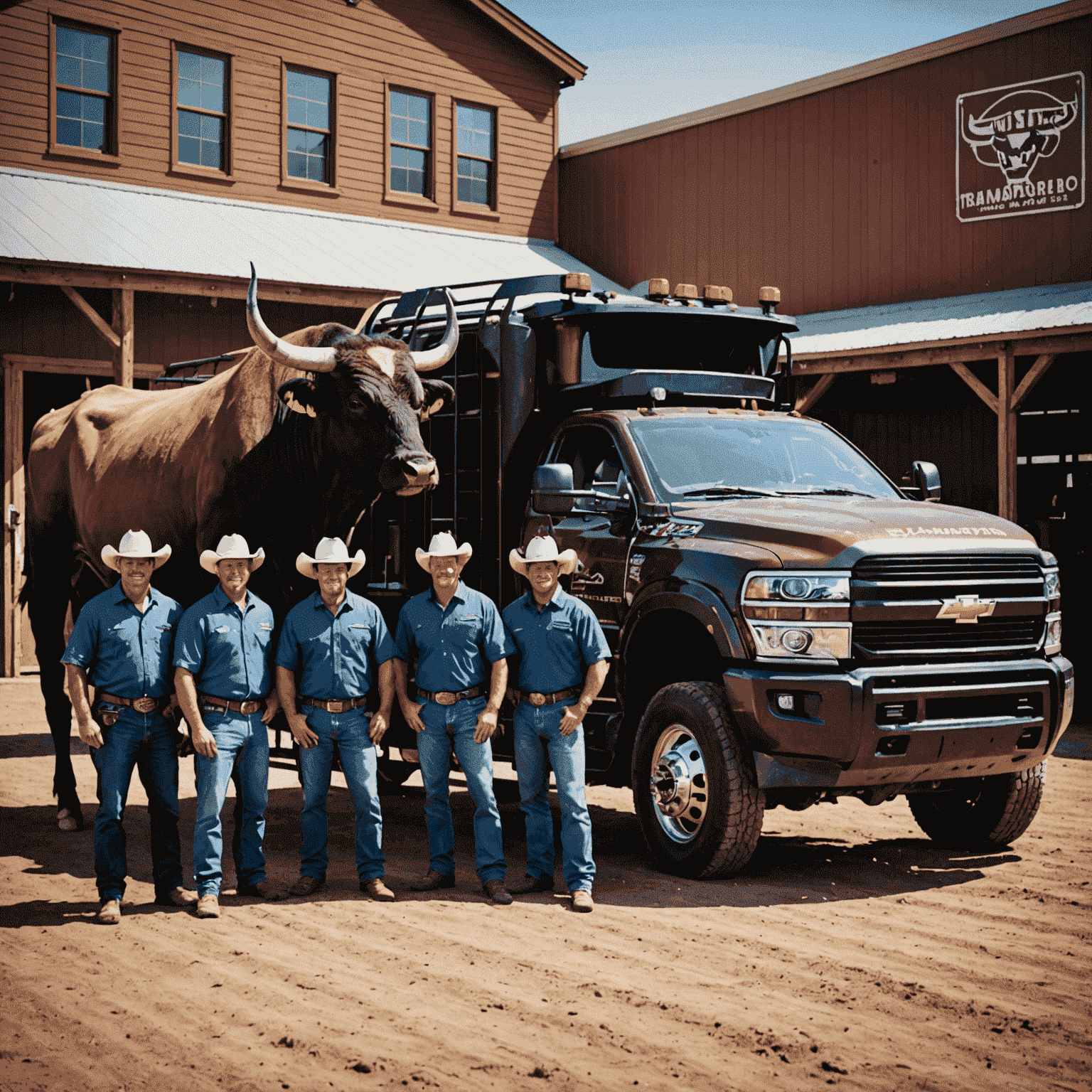 A team of professional bull handlers and drivers standing in front of a Bullsader transportation vehicle, showcasing their expertise and dedication.